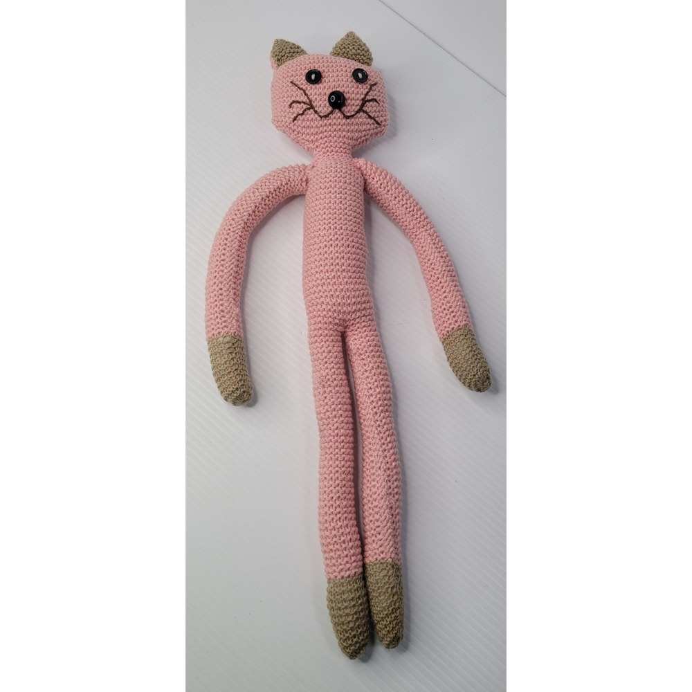 Crochet Cat Plush Toy Pink Long Limb Button Eye Stuffed Animal Cottagecore